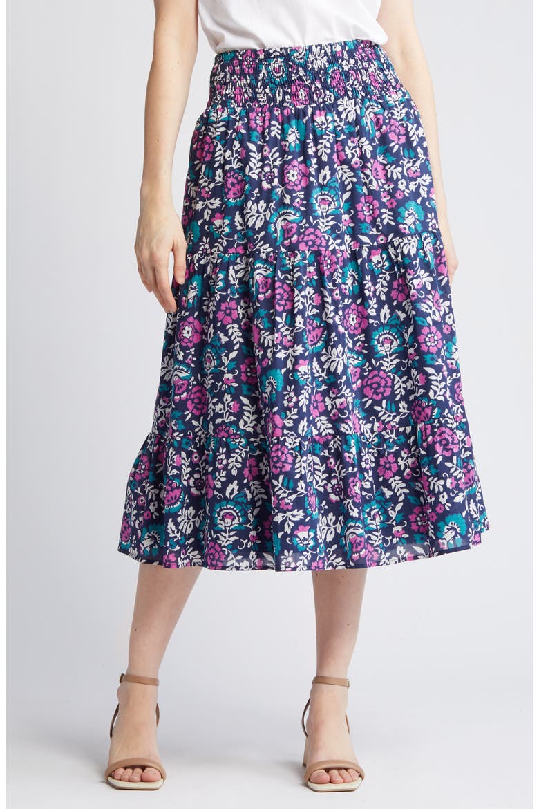 Edina Floral Tiered Cotton Midi Skirt, Alternate, color, WOODBLOCK FLORAL