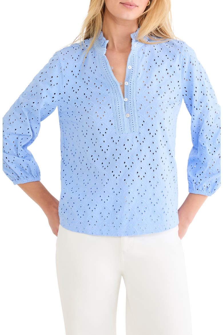 Ruffle Neck Eyelet Top, Main, color, FRENCH BLUE