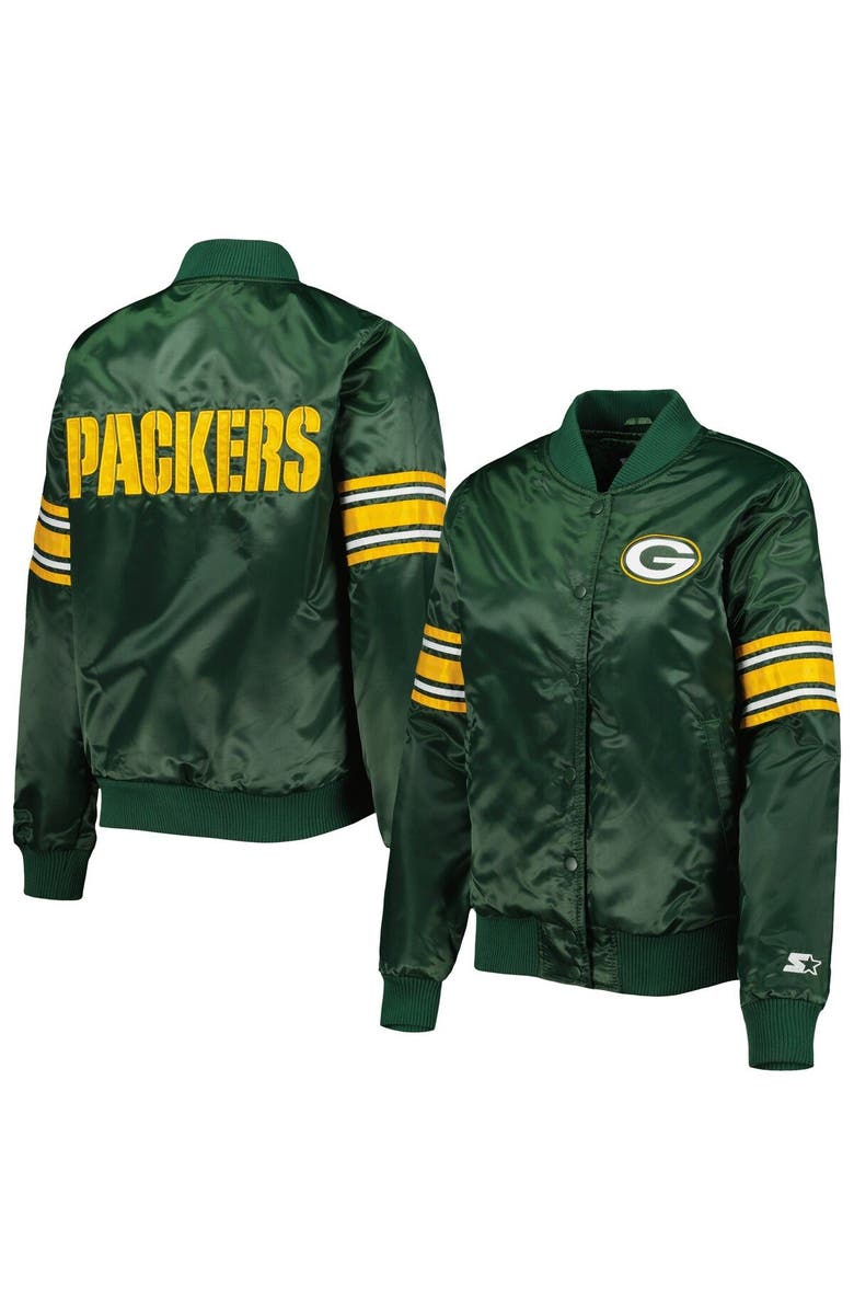 STARTER Women's Starter Green Green Bay Packers Line Up Satin Full-Snap Varsity Jacket, Main, color, 