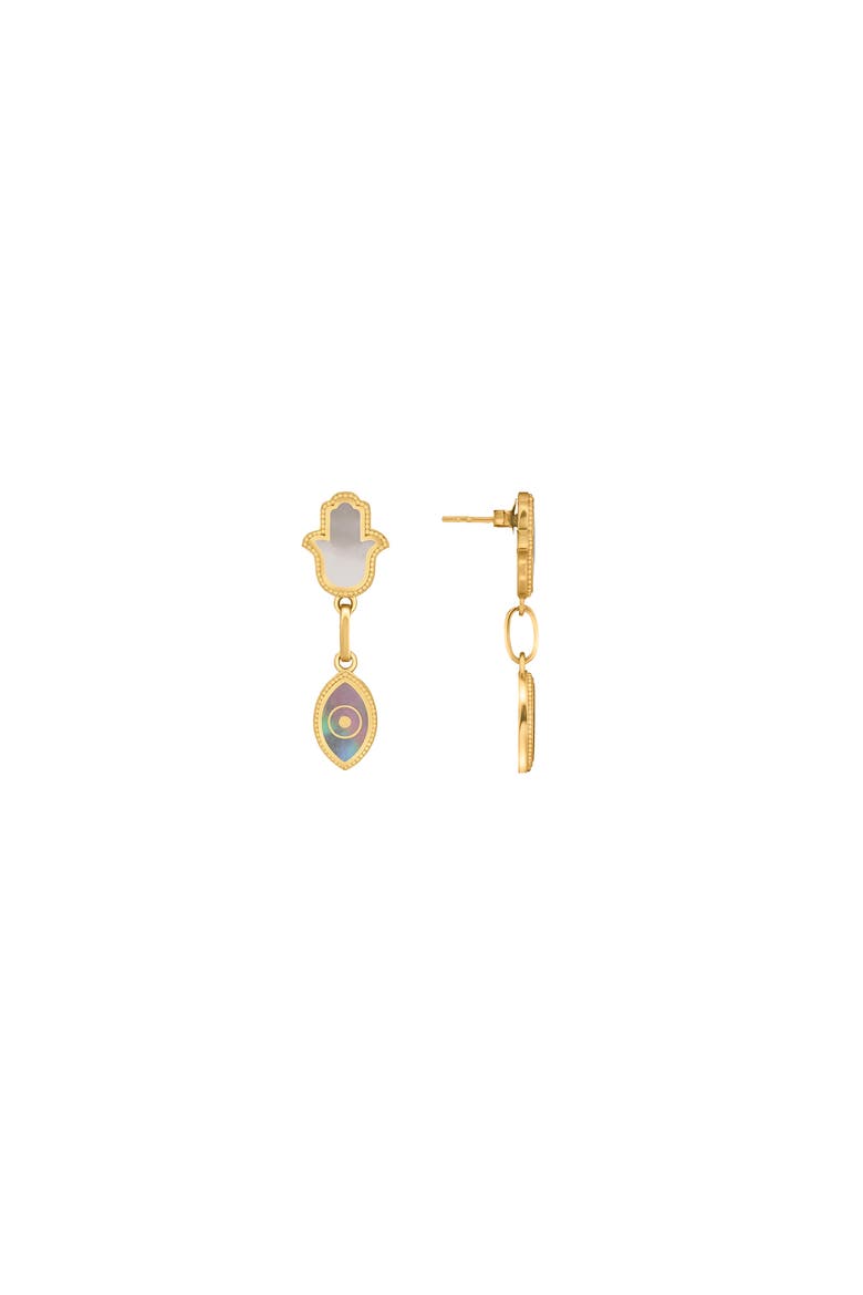 Boundless Joy Hamsa & Evil Eye Mother of Pearl Earrings, Alternate, color, Gold/Grey