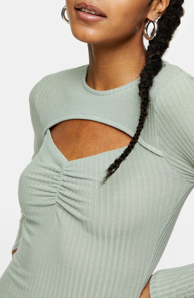 Topshop Rib Ruched Cutout Long Sleeve Minidress, Alternate, color, 