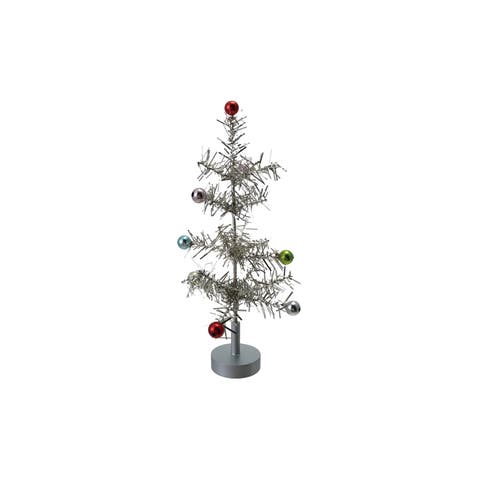 Tinsel Tree with Multicolor Ball Ornaments, Silver Finish