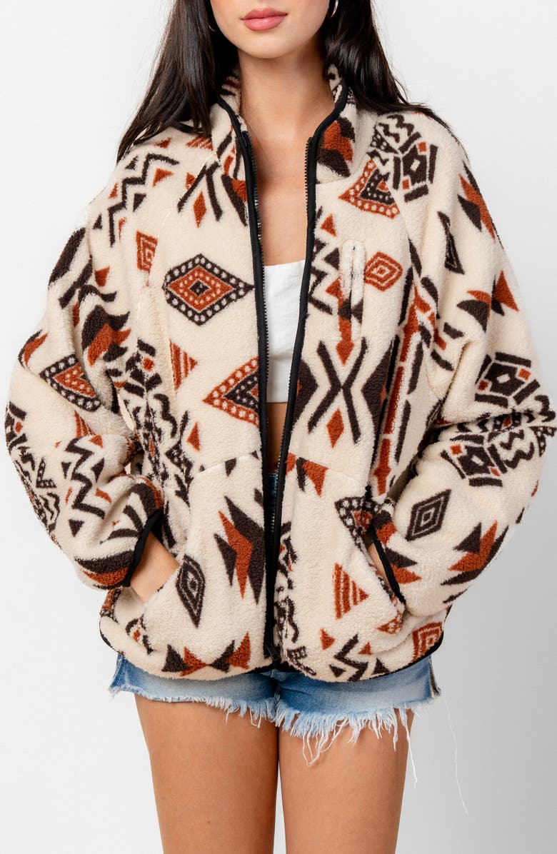 Beivy Print Fleece Jacket, Main, color, Taupe Mix