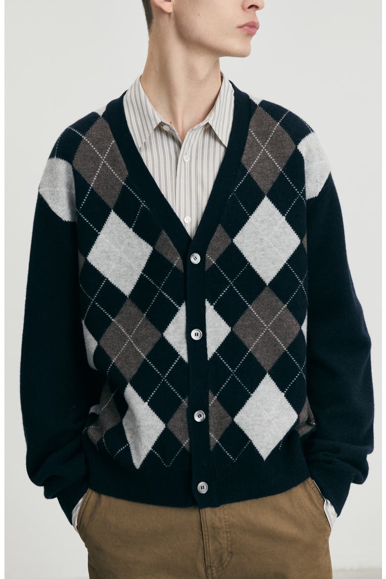 Gender Inclusive Argyle V-Neck Cardigan, Alternate, color, NAVY