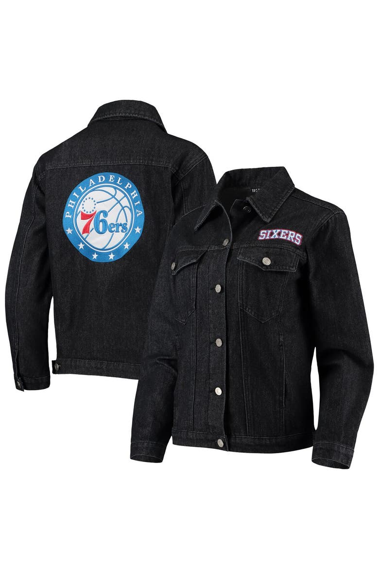 Women's The Wild Collective Black Philadelphia 76ers Patch Denim Button-Up Jacket, Main, color, Black