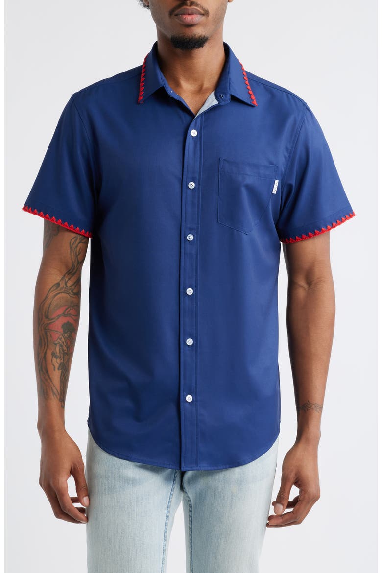 Weekend Crochet Trim Short Sleeve Performance Button-Up Shirt, Main, color, NAVY