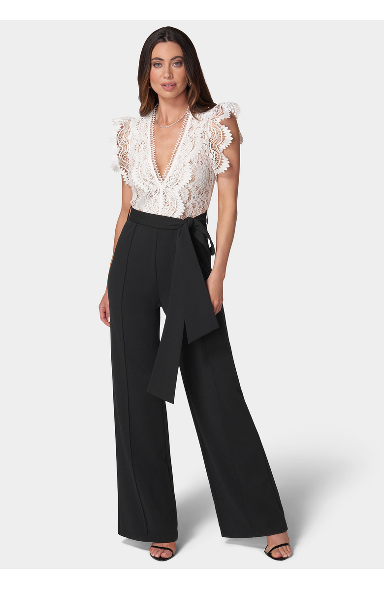 bebe Ruffle Lace Jumpsuit, Main, color, White/Black