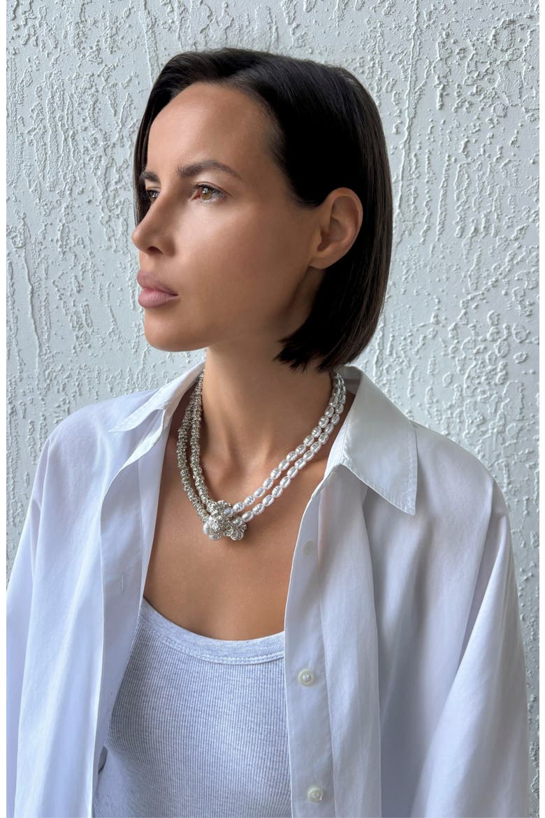 Knotted Imitation Pearl and Crystal Double Strand Necklace, Alternate, color, WHITE/ SILVER