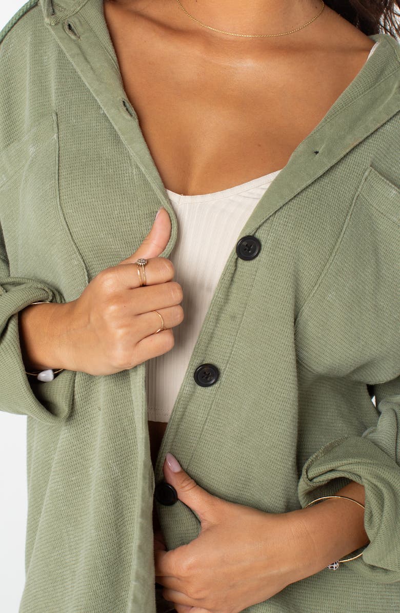 Roxy Clear Water Waffle Knit Button Front Hoodie, Alternate, color, Oil Green