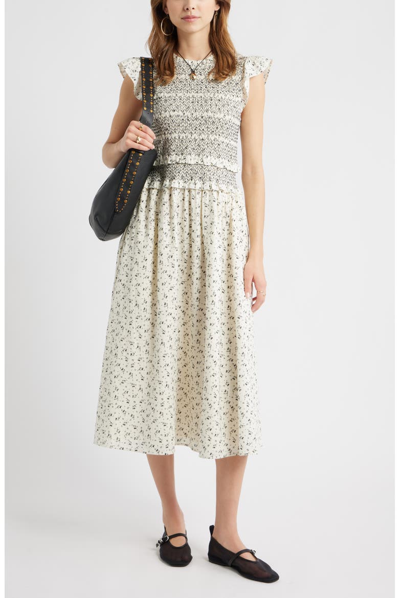 Smocked Bodice Tie Back Cotton Midi Dress, Main, color, IVORY- BLACK WALLPAPER DITSY