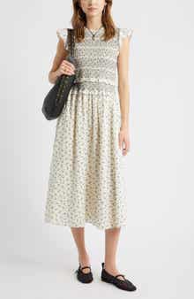Smocked Bodice Tie Back Cotton Midi Dress