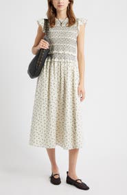 Treasure & Bond Smocked Bodice Tie Back Cotton Midi Dress