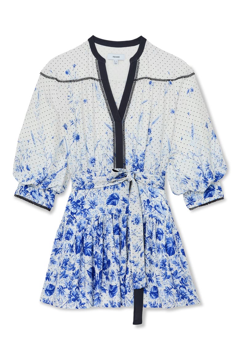 Anisa Floral-Print Belted Minidress, Alternate, color, IVORY/ BLUE