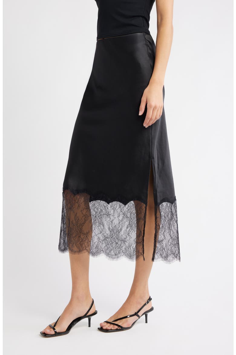 Lace Trim Satin Midi Skirt, Alternate, color, BLACK