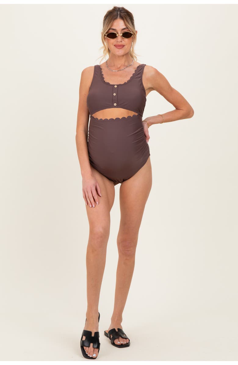 PinkBlush Scalloped Cutout Ruched One Piece Swimsuit, Alternate, color, Brown