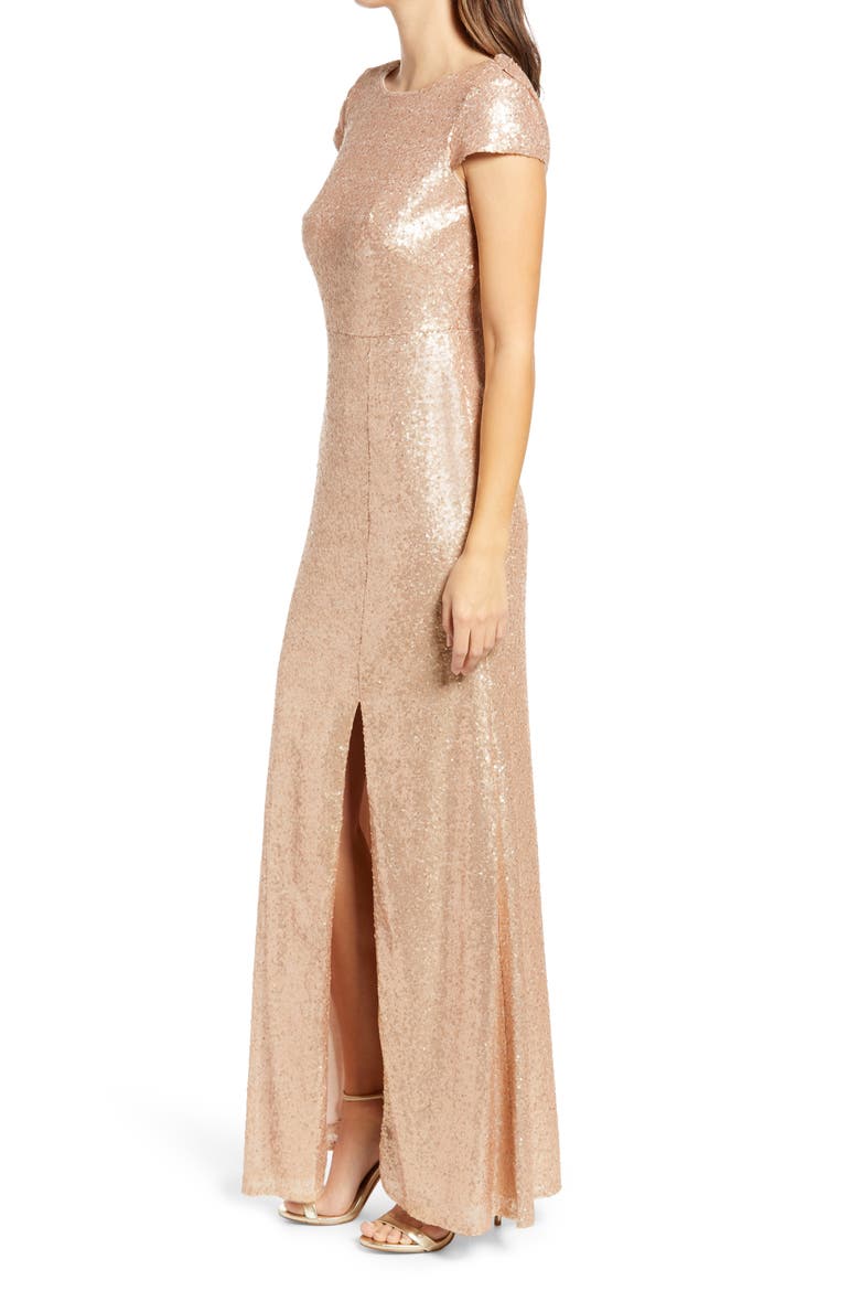 Elle Cap Sleeve Sequin Gown, Alternate, color, ROSE GOLD