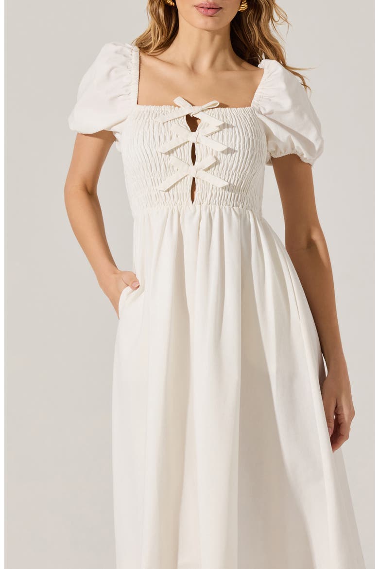 Bow Detail Smock Bodice Cotton Blend Dress, Alternate, color, WHITE