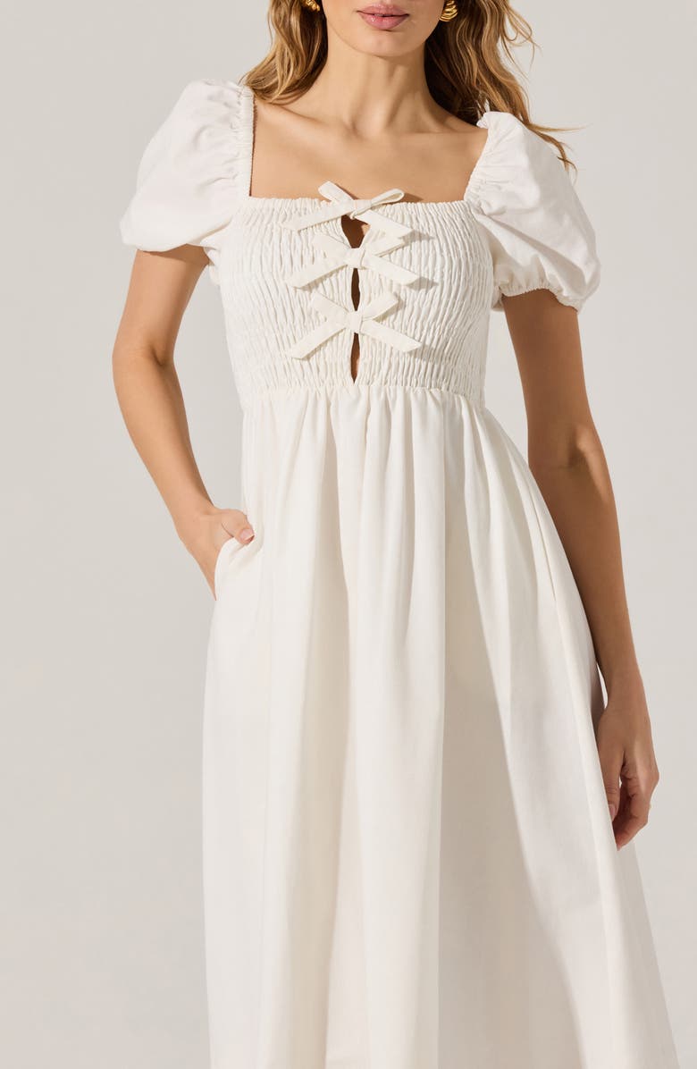 ASTR the Label Bow Detail Smock Bodice Cotton Blend Dress, Alternate, color, White