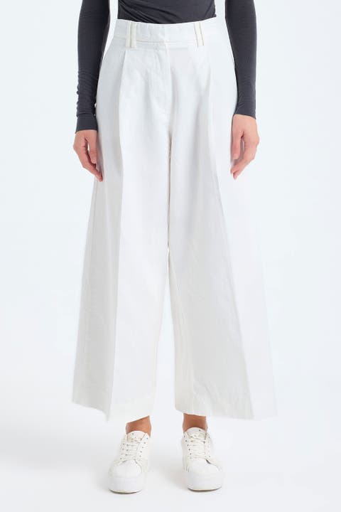 Cyra High-Waist Cotton Linen Blend Cropped Wide-Leg Trousers