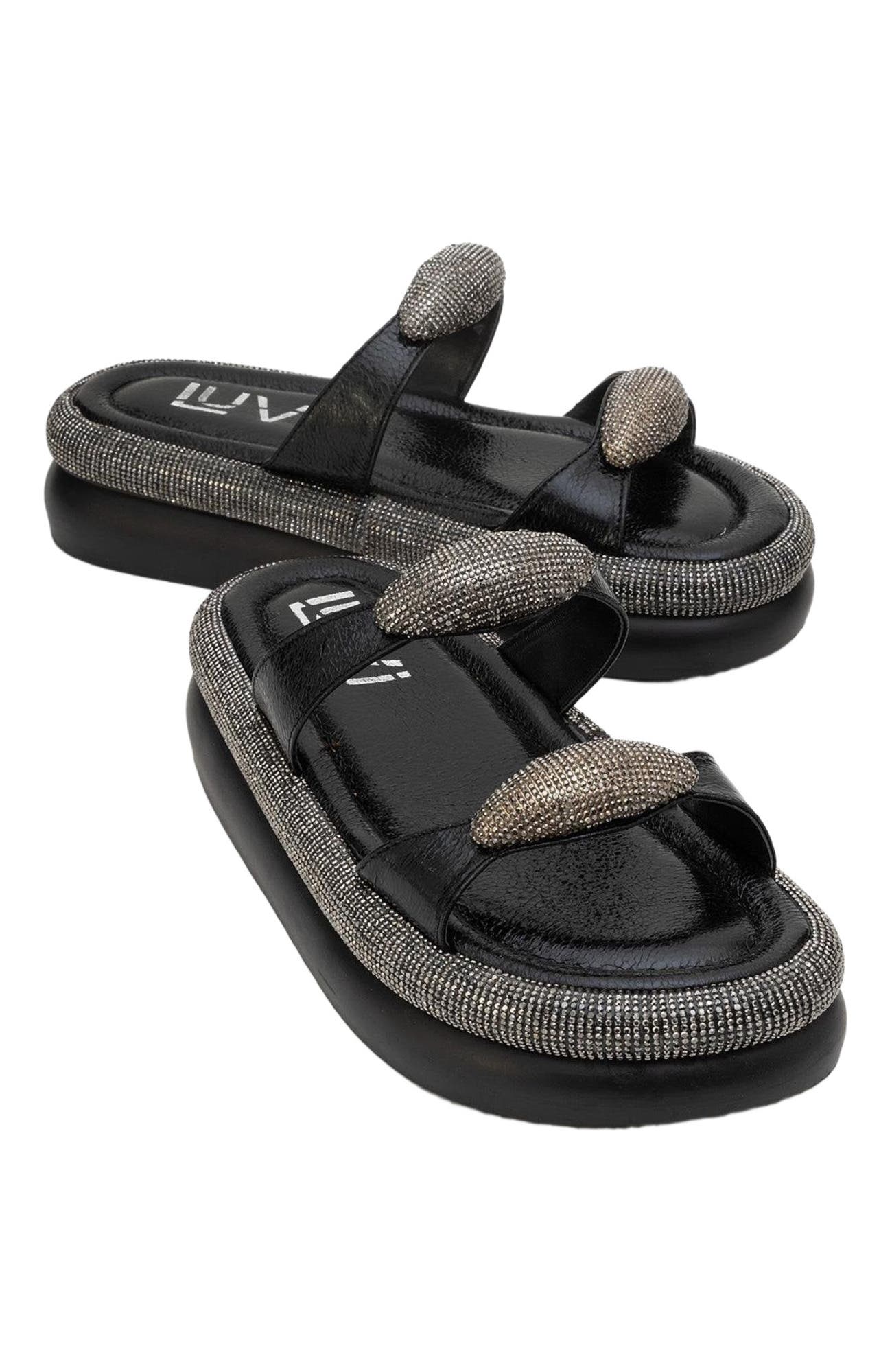 Prologue Shoes Finery Embellished Platform Slide, Main, color, Black Faux Leather