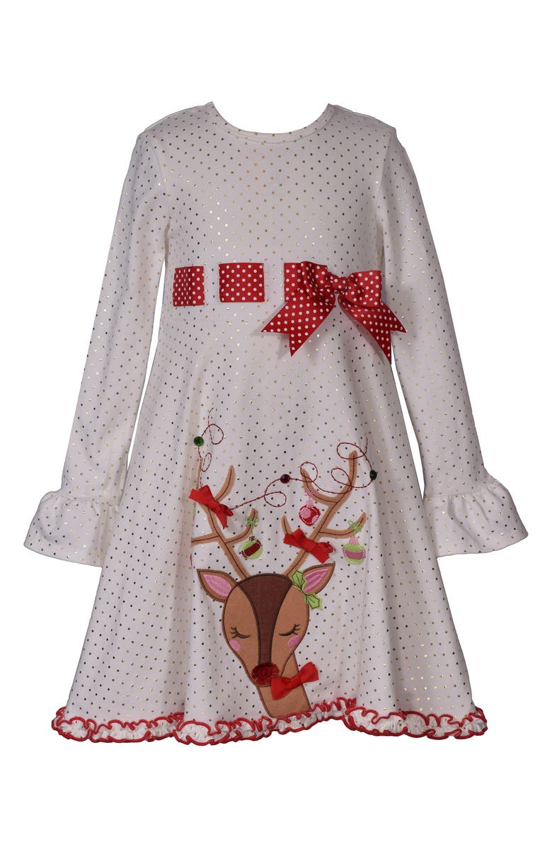 Bonnie Jean Kids' Reindeer Appliqué Long Sleeve Dress, Main, color, Ivory