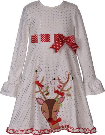 Kids' Reindeer Appliqué Long Sleeve Dress
