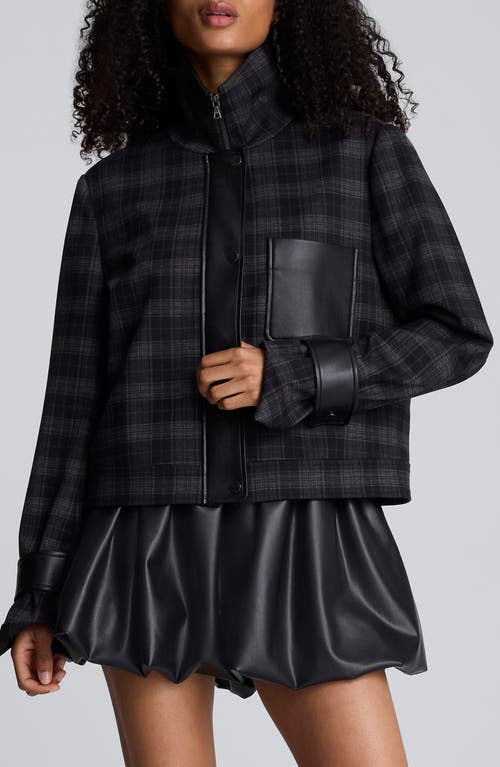 Kenneth Cole Plaid Crop Jacket With Faux Leather Trim In Black