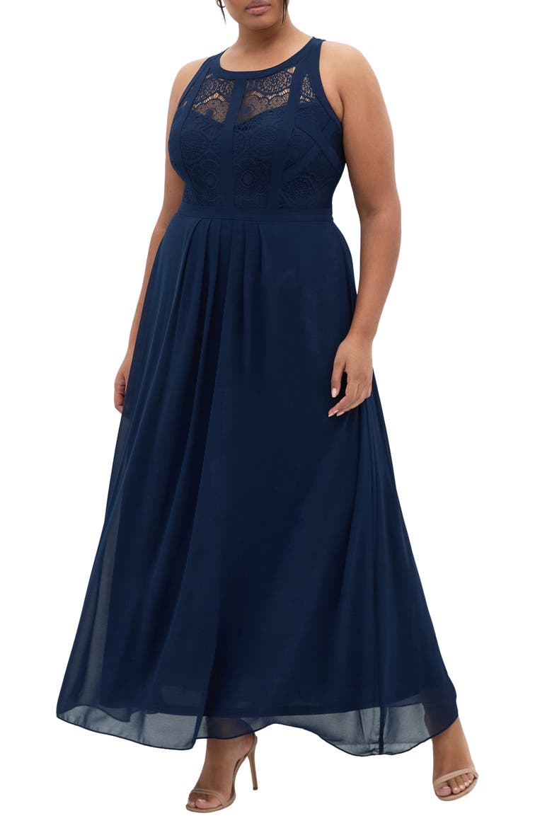 Lace Bodice Pleated Dress, Main, color, FRENCH NAVY