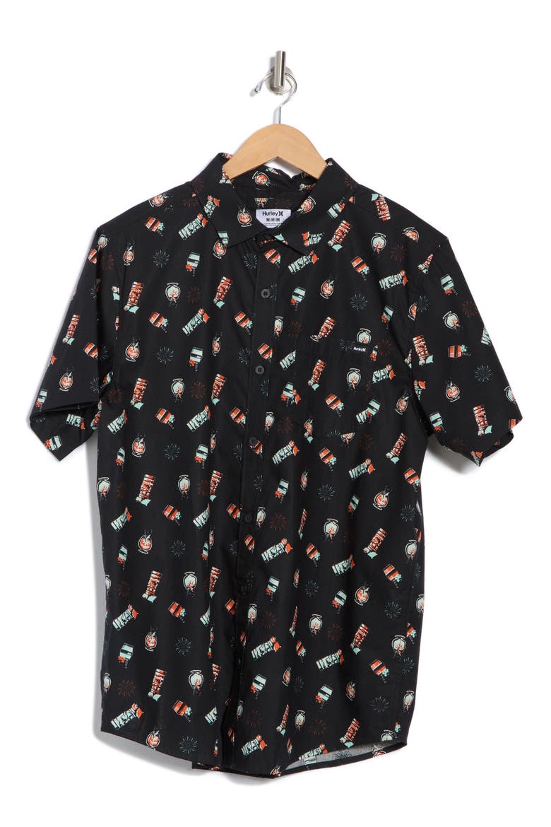 Freaky Tiki Short Sleeve Cotton Button-Up Shirt, Alternate, color, BLACK