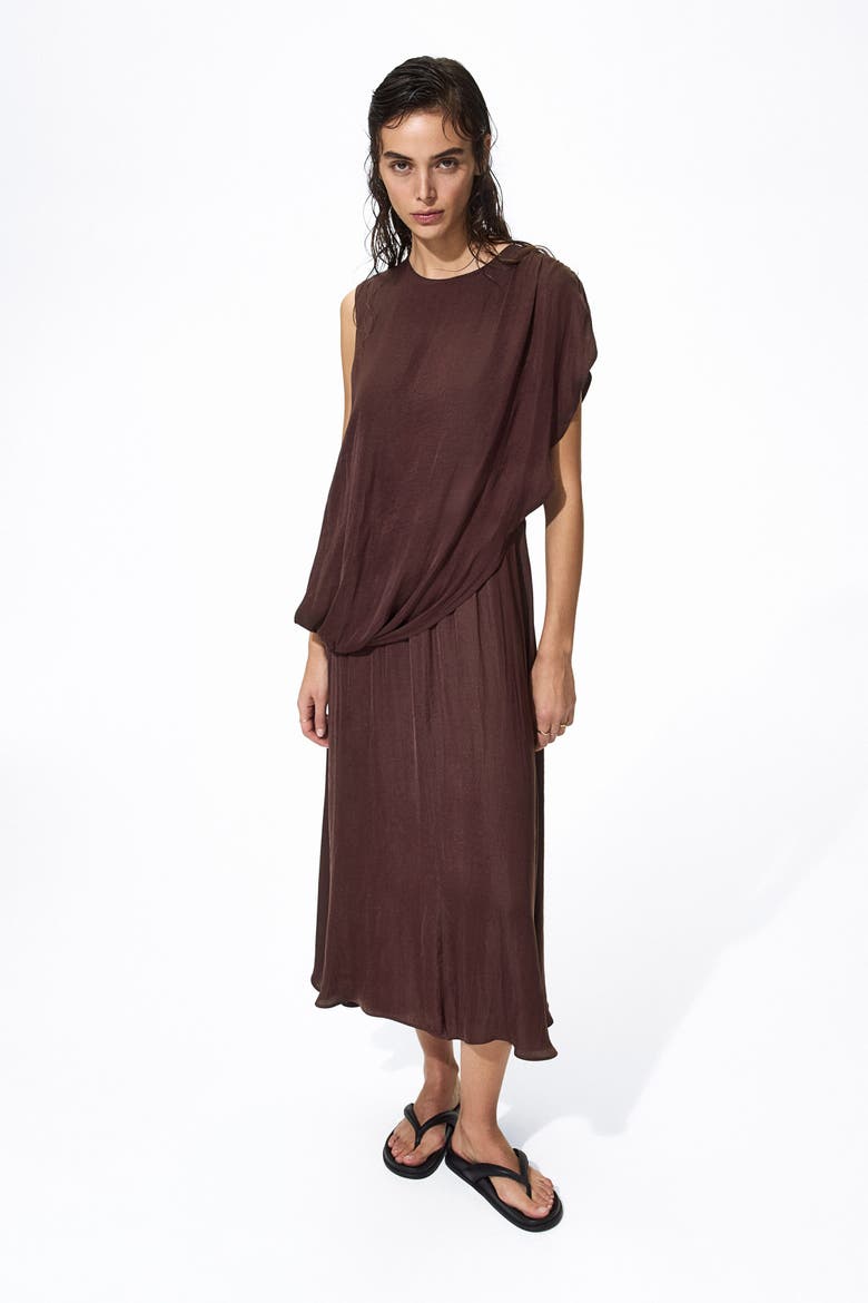 Draped Satin Dress, Alternate, color, Dark brown