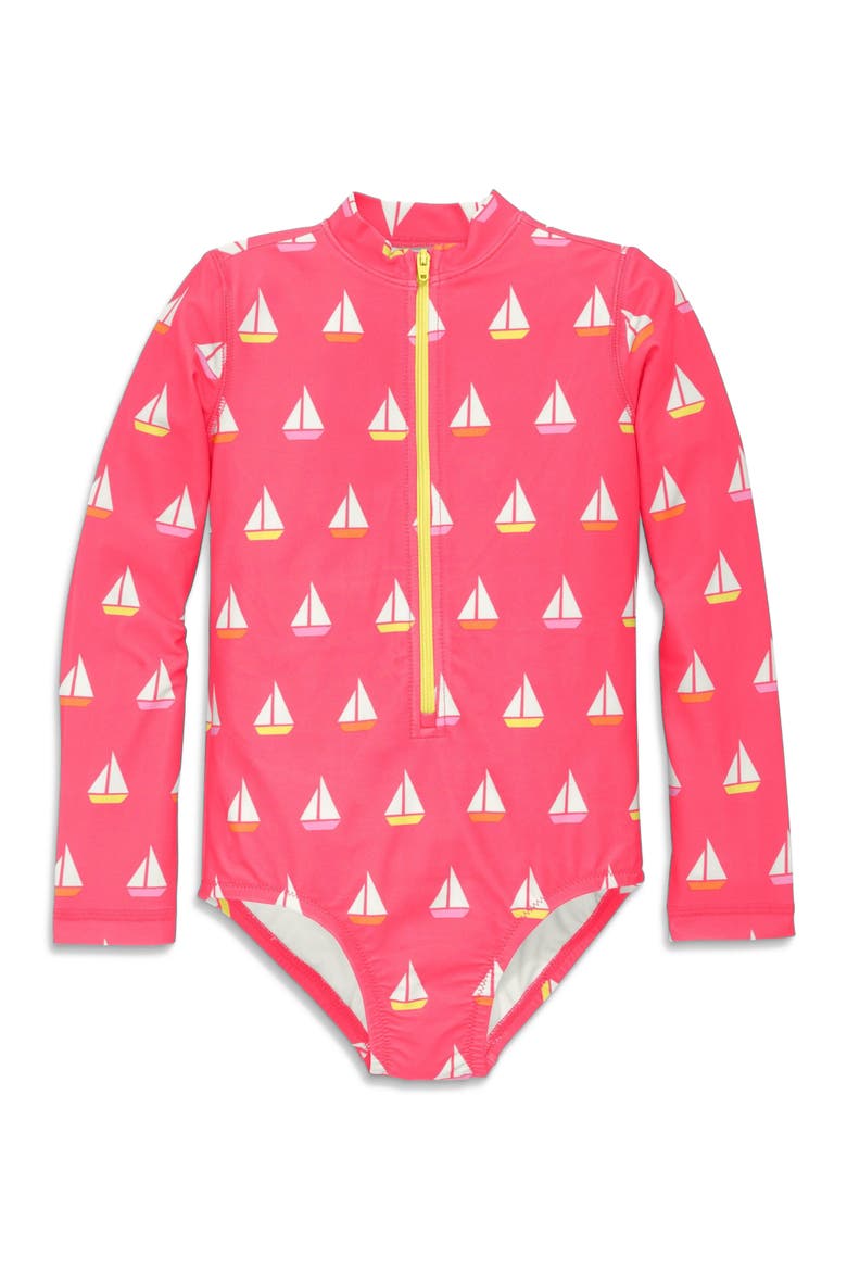 Kids Long Sleeve One-Piece Rash Guard, Main, color, Bright Azalea Sailboats