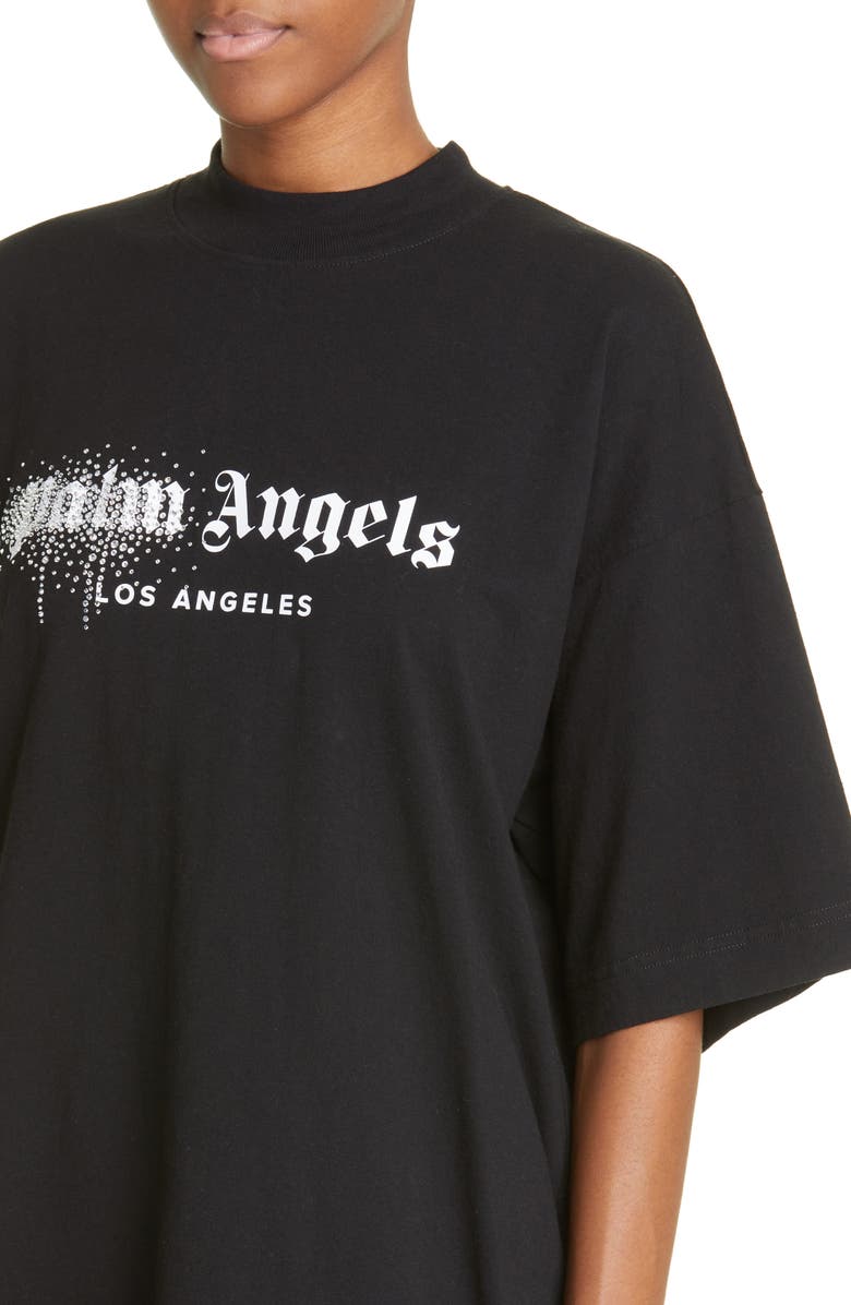 Palm Angels Rhinestone Spray Logo Crewneck Cotton T-Shirt, Alternate, color, 