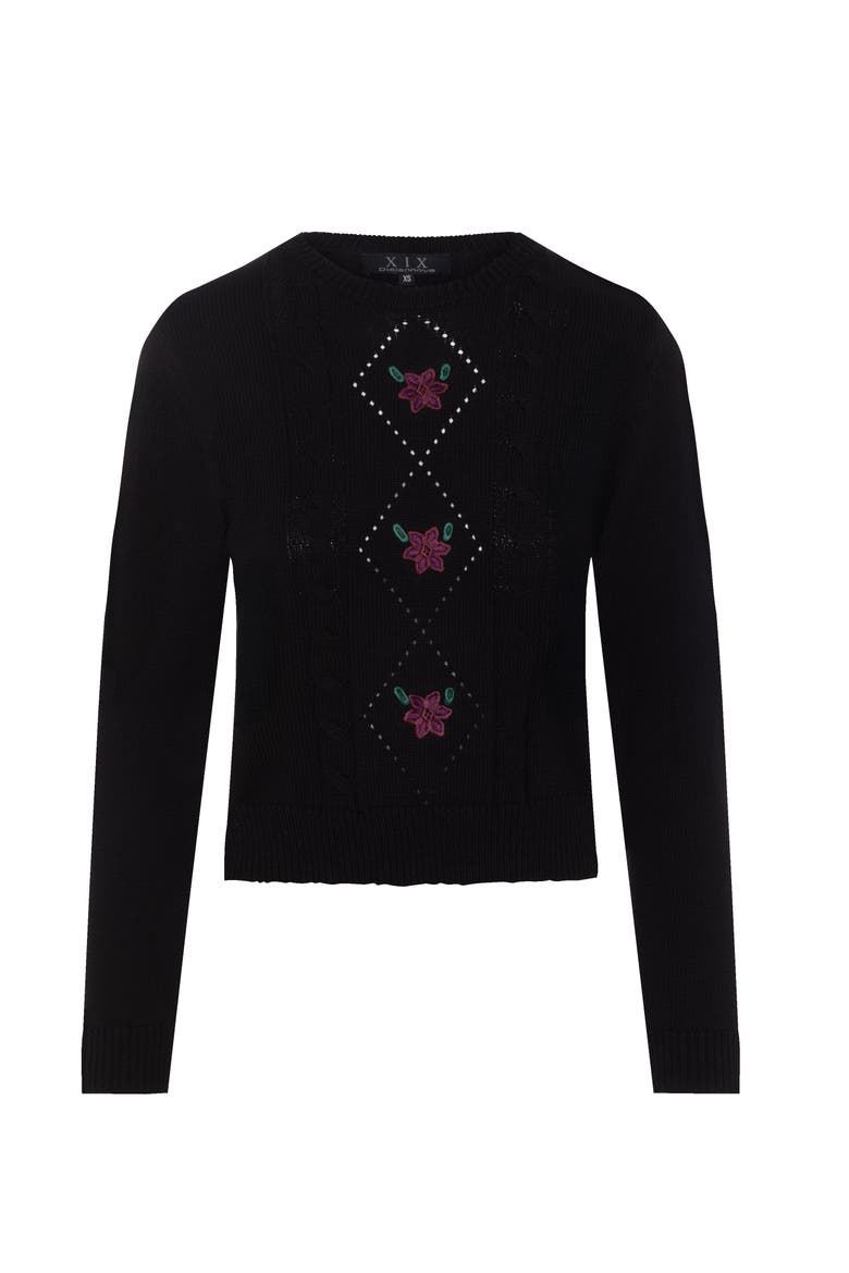 Cable Knit Sweater with Center Front Embroidery, Alternate, color, Black