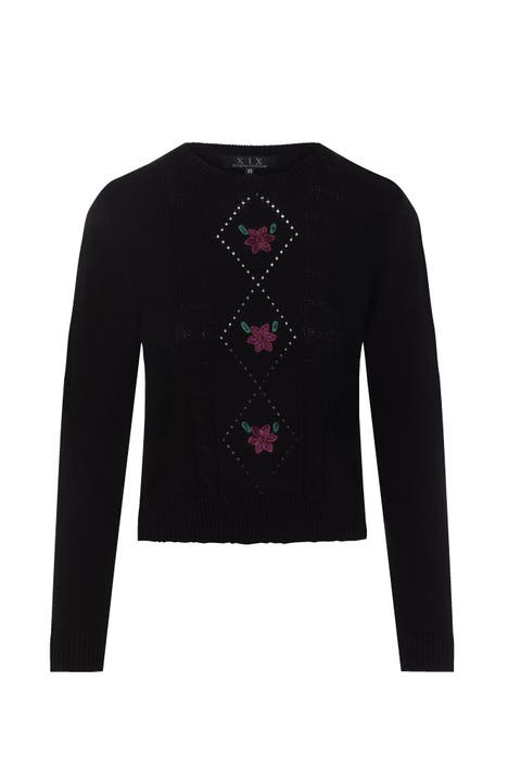Cable Knit Center Front Embroidered Cotton Sweater