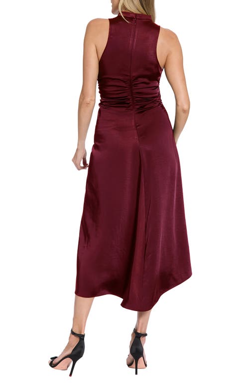 London Times Mock Neck Ruched Asymmetric Midi Dress In Burgundy