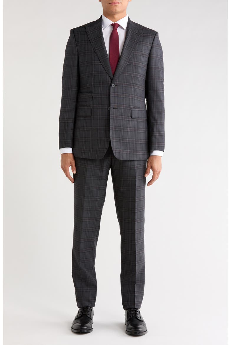Plaid Wool Blend Peak Lapel Suit, Main, color, CHARCOAL