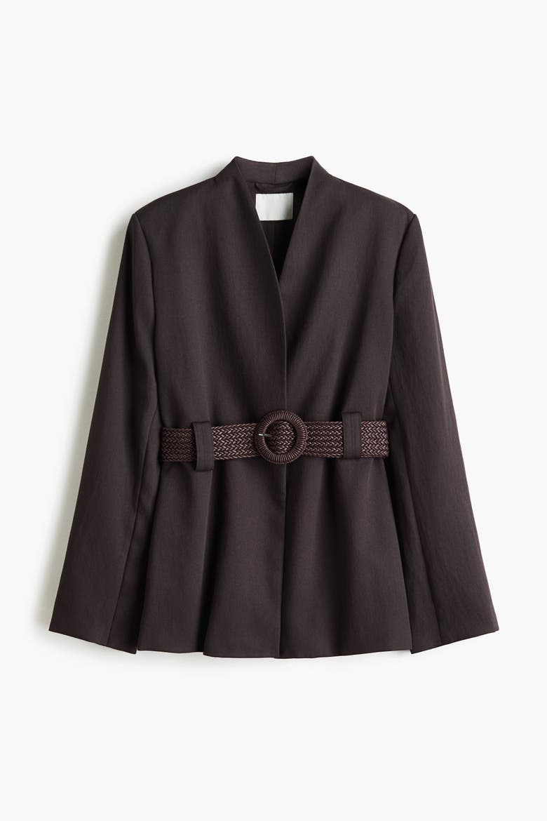 Belted Lapelless Blazer, Main, color, Dark brown