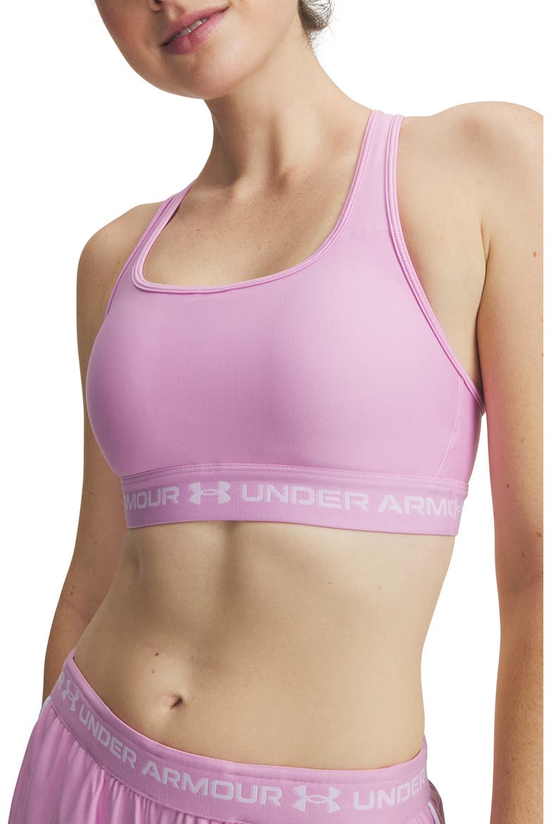 HeatGear® Mid Cross Back Sports Bra, Main, color, PINK DAWN / / WHITE