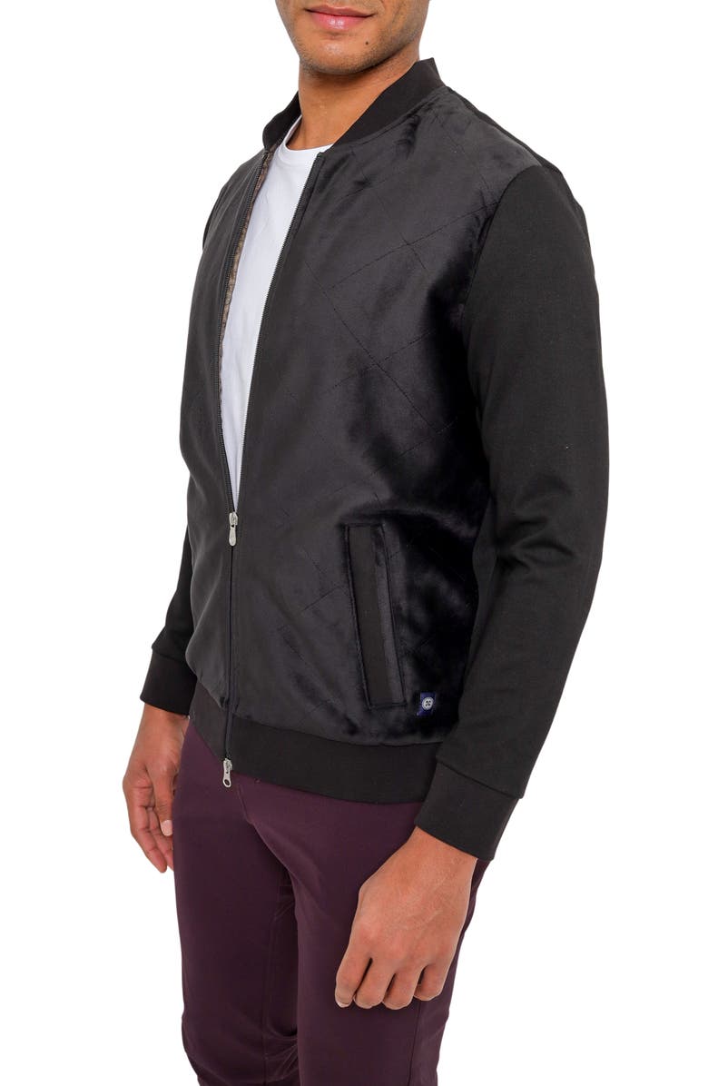 PinoPorte Aragon Velvet Quilted Bomber Sweatshirt, Alternate, color, Black