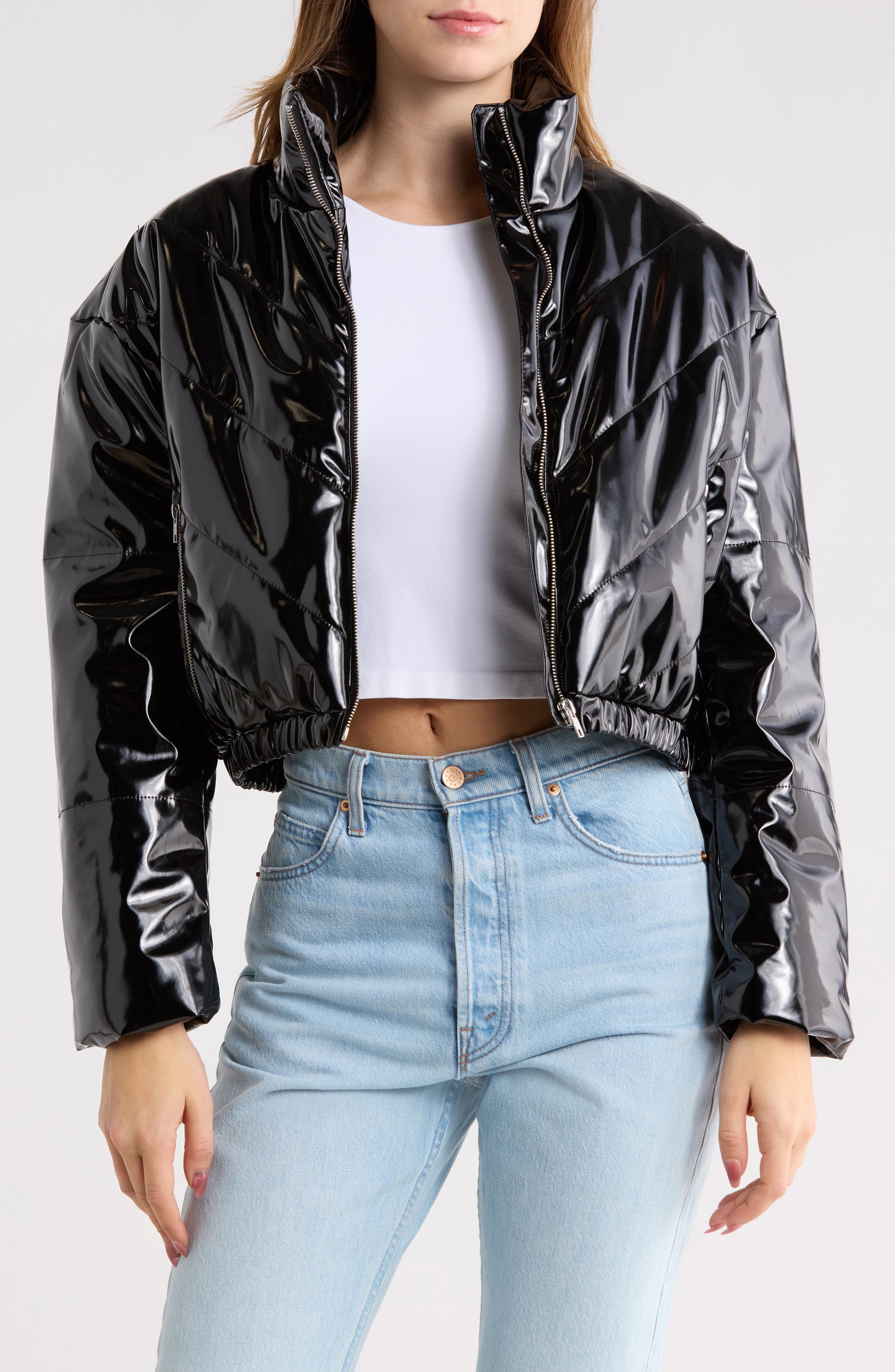 Vigoss Faux Leather Crop Puffer Jacket
