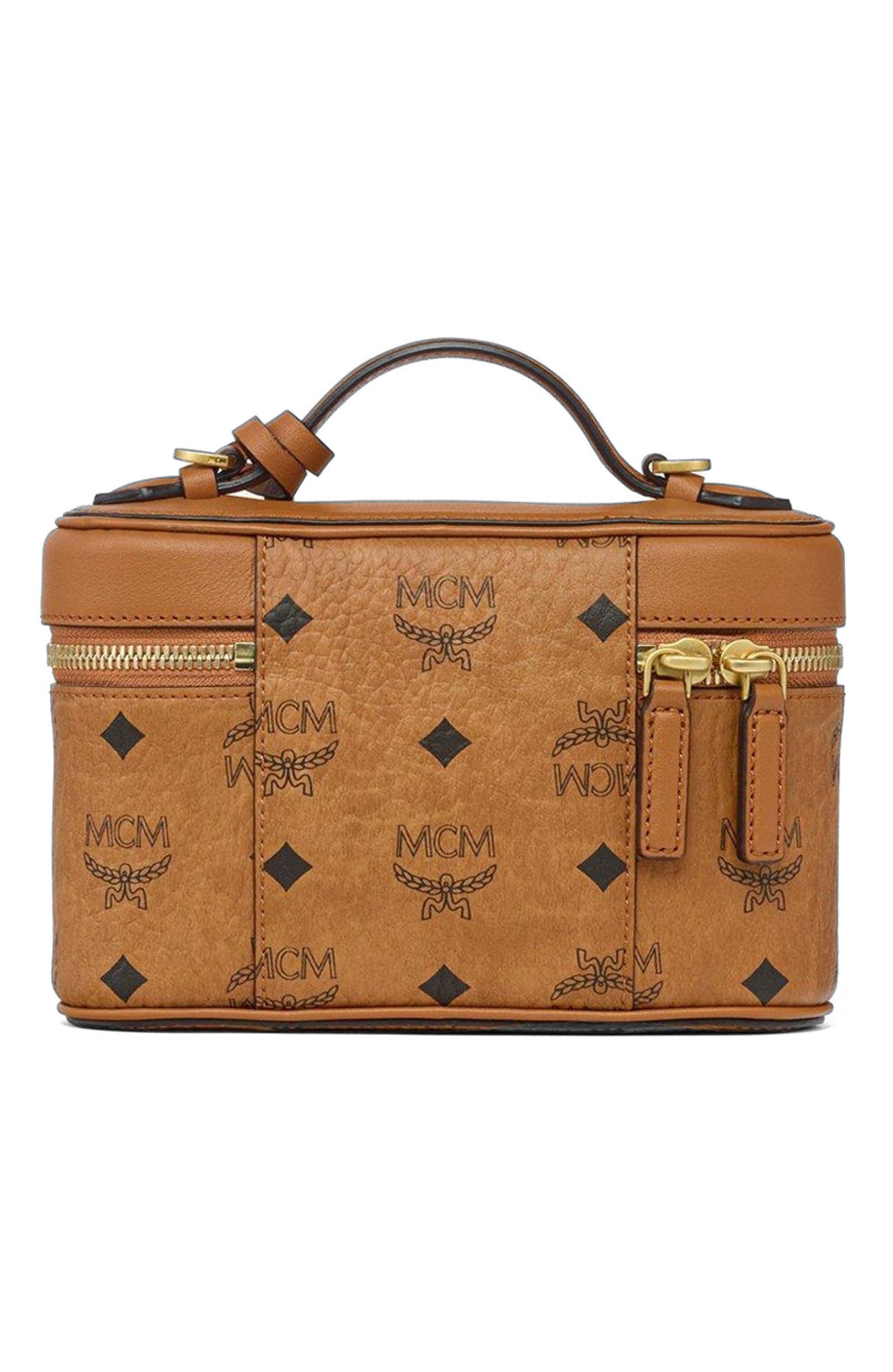 MCM Aren Vanity Case in Visetos Leather Mix, Alternate, color, Cognac