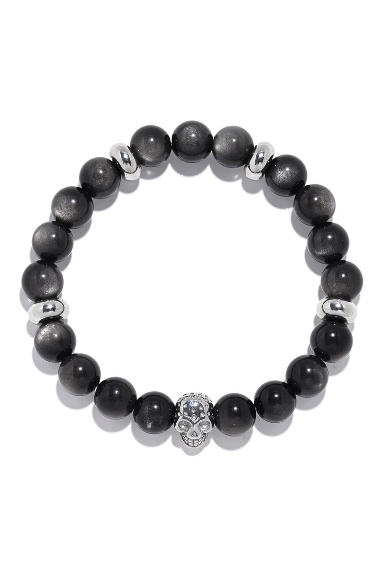 James Skull Head Beaded Stretch Bracelet, Alternate, color, SILVER