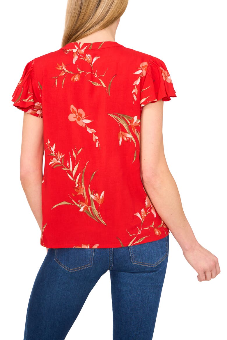 Floral Flutter Sleeve V-Neck Top, Alternate, color, FIERY RED