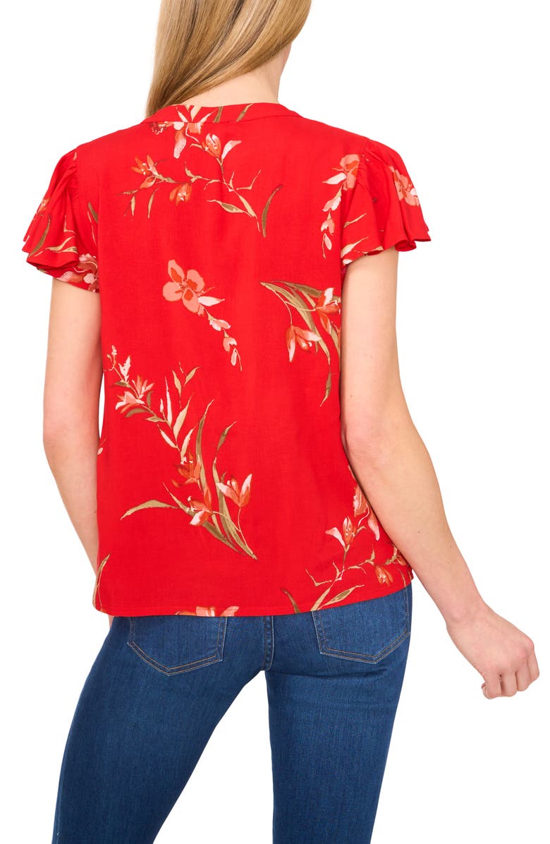 CeCe Floral Flutter Sleeve V-Neck Top, Alternate, color, Fiery Red