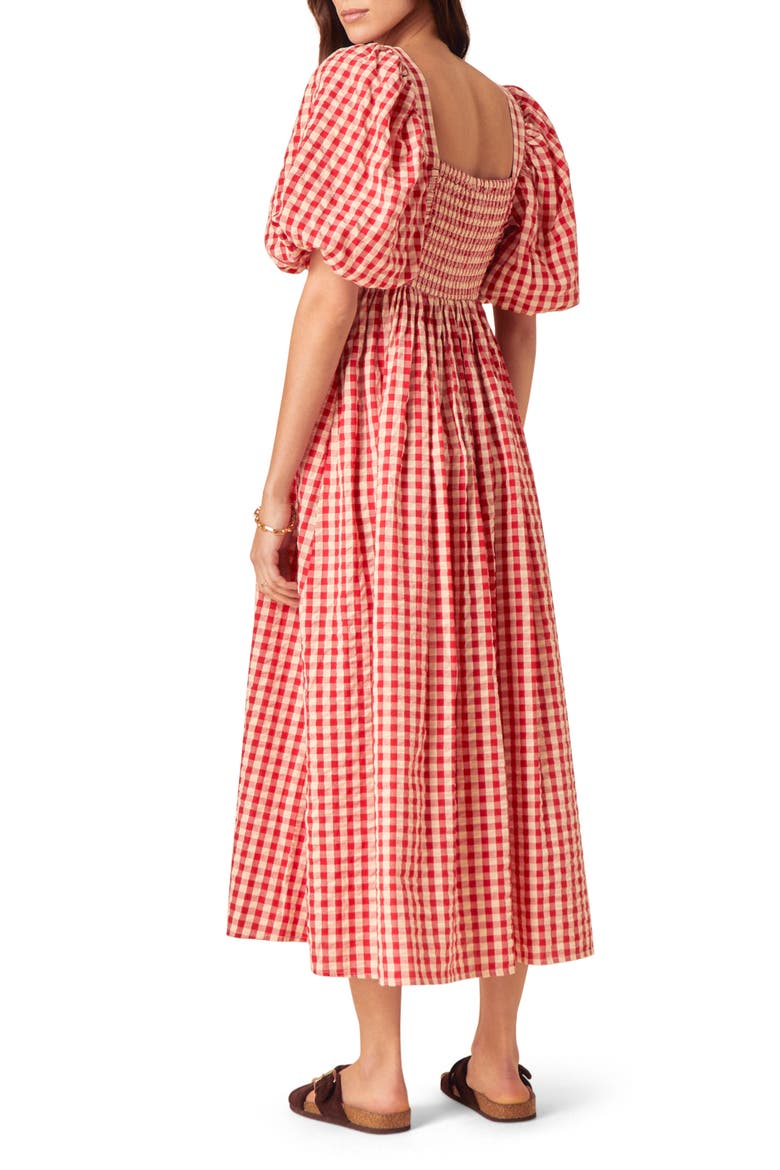 Nova Gingham Puff Sleeve Linen Blend Midi Dress, Alternate, color, RED