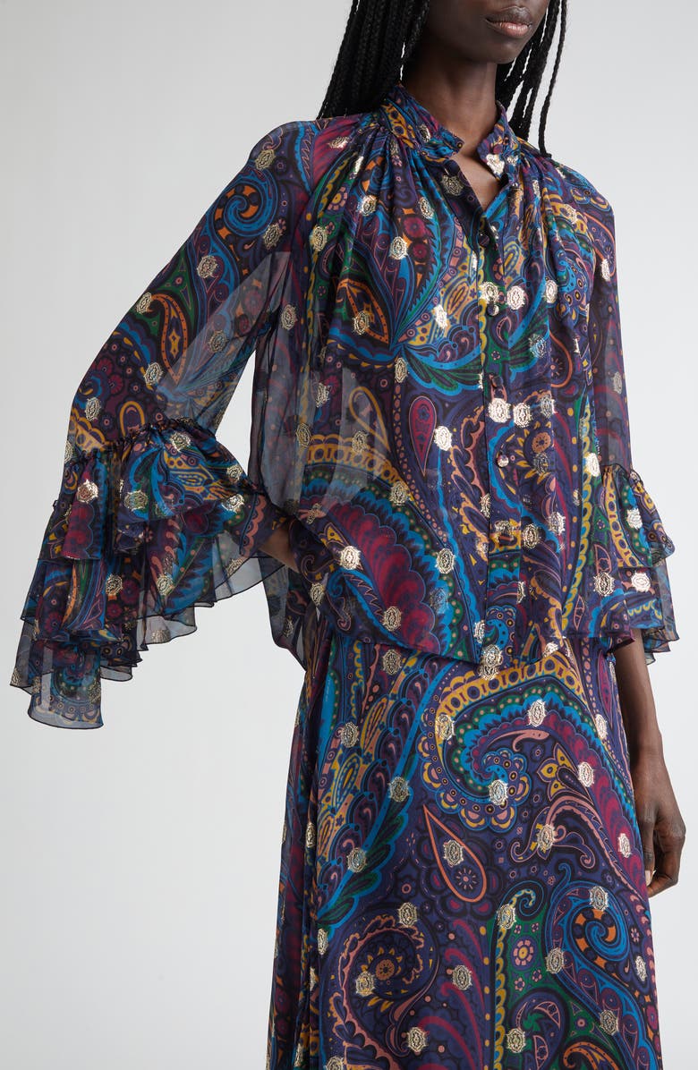 Etro Metallic Paisley Silk Shirt, Alternate, color, Stampa F.do Blu