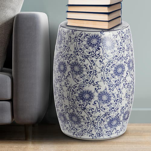 Jonathan Y Lotus Blossom 17.5" Chinoiserie Ceramic Drum Garden Stool In Blue/white