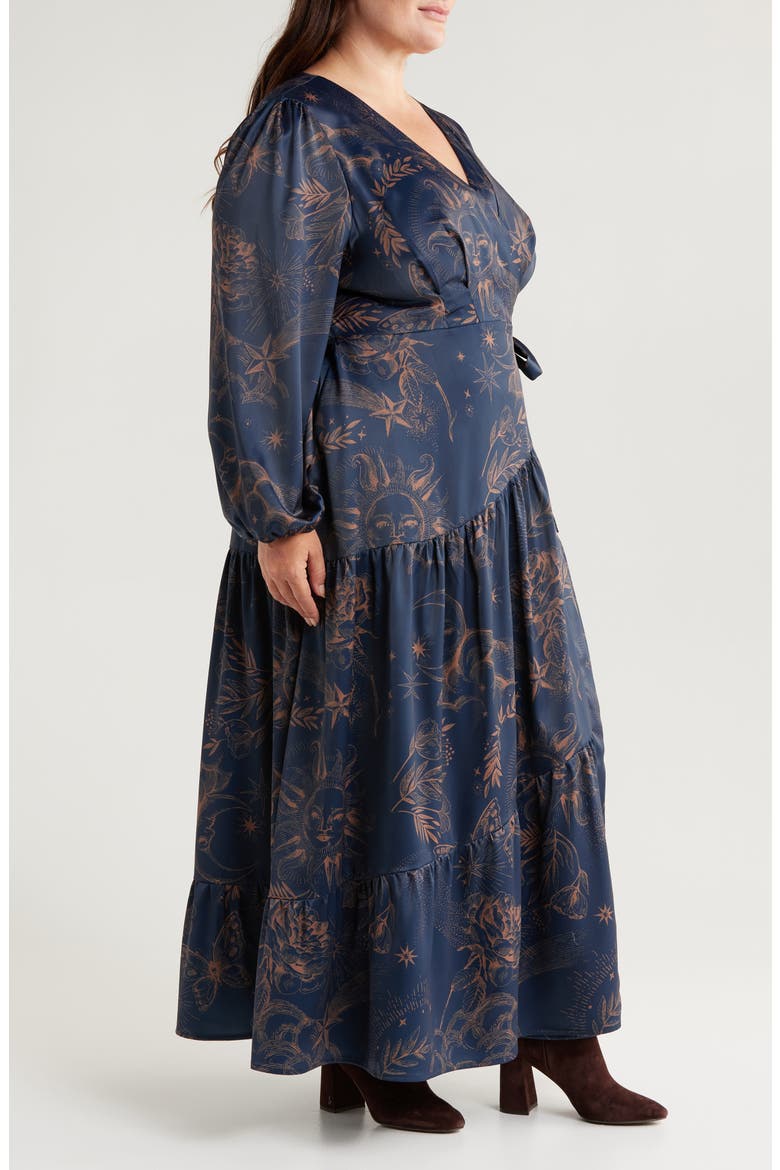 Lilian Long Sleeve Satin Wrap Maxi Dress, Alternate, color, NAVY MULTI
