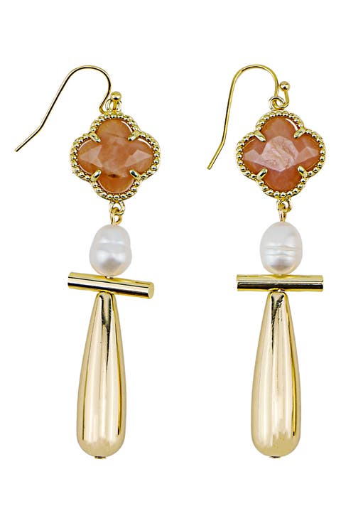 Stone Clover & Freshwater Pearl Teardrop Earrings