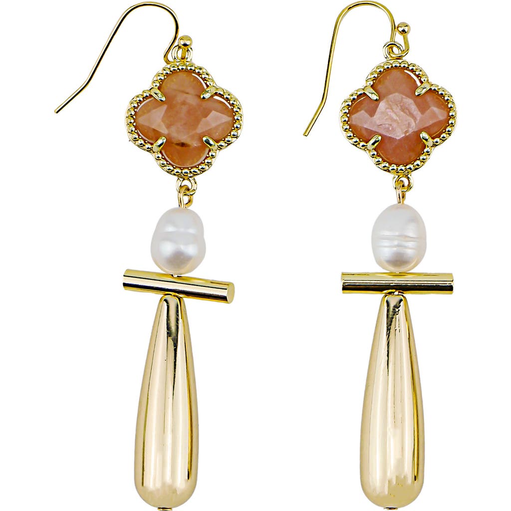 Panacea Stone Clover & Freshwater Pearl Teardrop Earrings In Peach